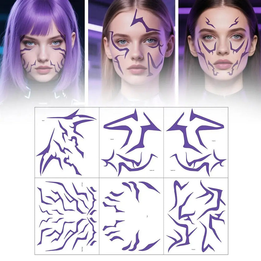 Kpop Temporary Tattoos, Purple Lightning Bold Makeup for Cosplay Role Play, Waterproof Face Art Stickers 1pcs Random