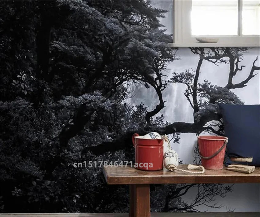 Custom Size wall papers 3D Nordic art black and white landscape waterfall porch mural Retro Hand Painted Forest Tree home decor