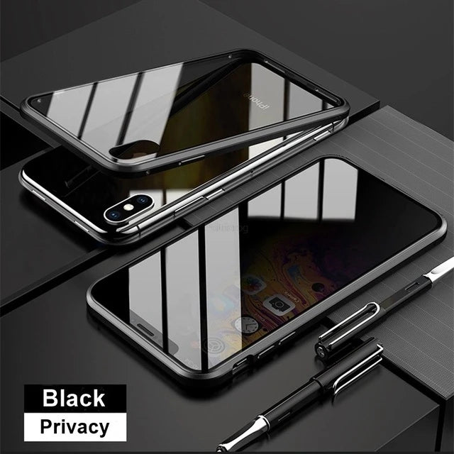 Magnetic Tempered Glass Privacy Metal Case For iphone 17 16 15 14 13 12 XR 11 ProMAX 16 E 360 Magnet Antispy Protective Cover