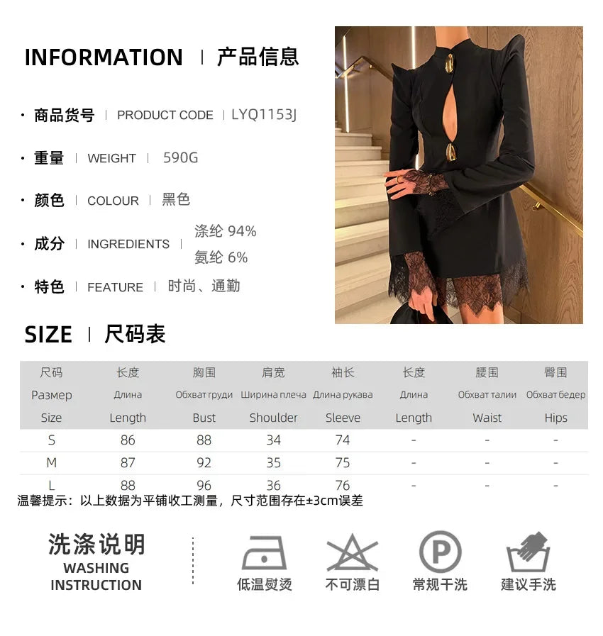 Sexy Lace Patchwork Women Hollow Mini Dress Elegant Long-sleeved Waist Cinching Slim Short Dresses 2026 Lady Evening Party Gowns