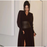 Elegant Retro Solid Color Women's Dresses Fashion V Neck Split Long Dresses Autumn New Women's Party Long Sleeved A-line Dress