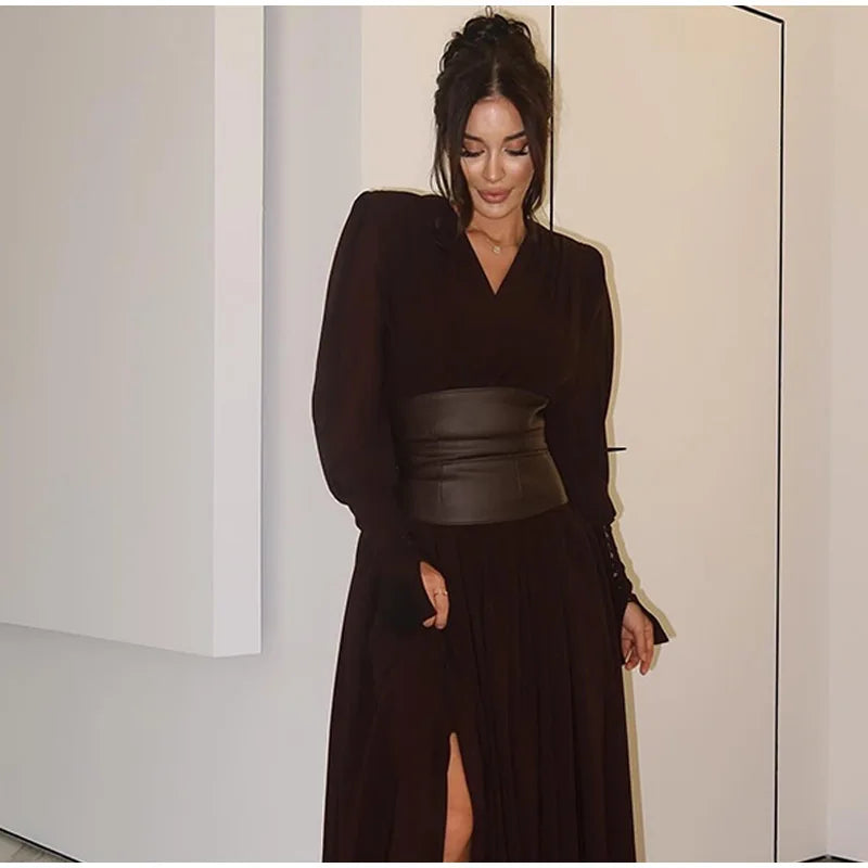 Elegant Retro Solid Color Women's Dresses Fashion V Neck Split Long Dresses Autumn New Women's Party Long Sleeved A-line Dress