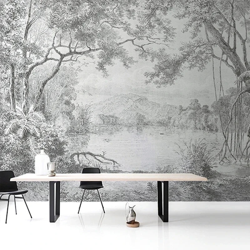 Custom Size wall papers 3D Nordic art black and white landscape waterfall porch mural Retro Hand Painted Forest Tree home decor