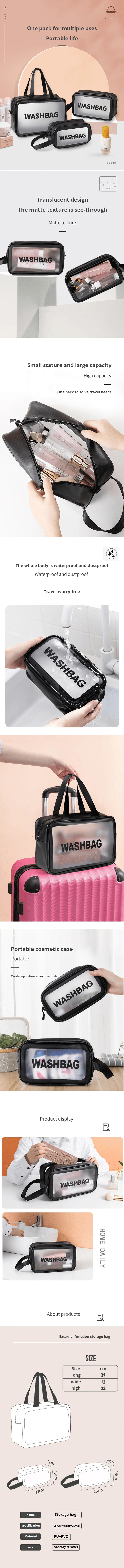 1pc Black Transparent Portable Women Travel Wash Bag Waterproof Makeup Storage Pouch Large Capacity Cosmetic Organizer