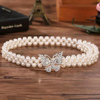Elegant Butterfly Buckle Belt with Faux Pearls and Rhinestones - Elastic Waistband for Dresses and Girdles