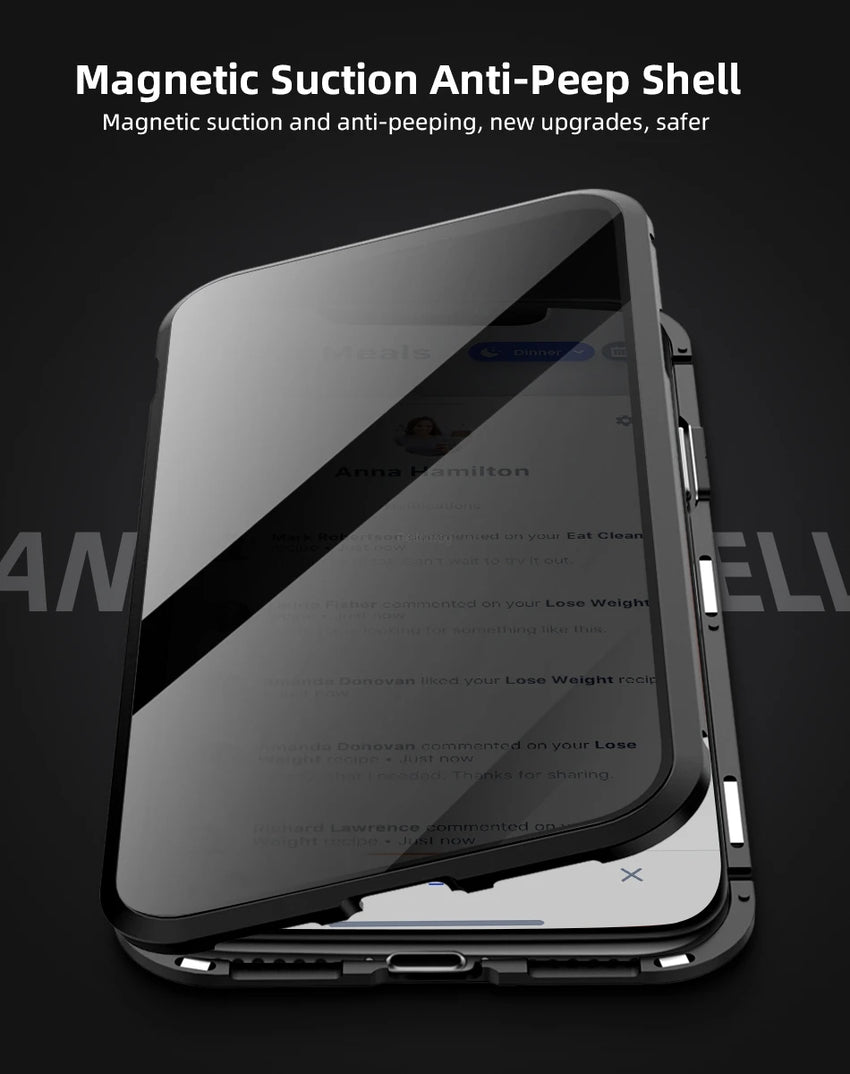Magnetic Tempered Glass Privacy Metal Case For iphone 17 16 15 14 13 12 XR 11 ProMAX 16 E 360 Magnet Antispy Protective Cover