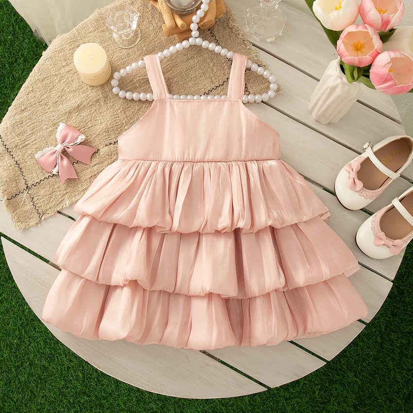 0-2 Years Baby Girl Dress Summer Pink Sweet Bow Suspender Cake Dress for Elegant Girl Party Wedding Dress