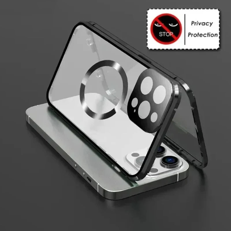 Metal Magnetic Anti Peeping Privacy Case For iPhone 17 16e 15 14 13 12Pro Max Magsafe Case 360 Protection Shockproof Phone Cover