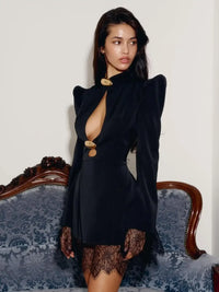 Sexy Lace Patchwork Women Hollow Mini Dress Elegant Long-sleeved Waist Cinching Slim Short Dresses 2026 Lady Evening Party Gowns