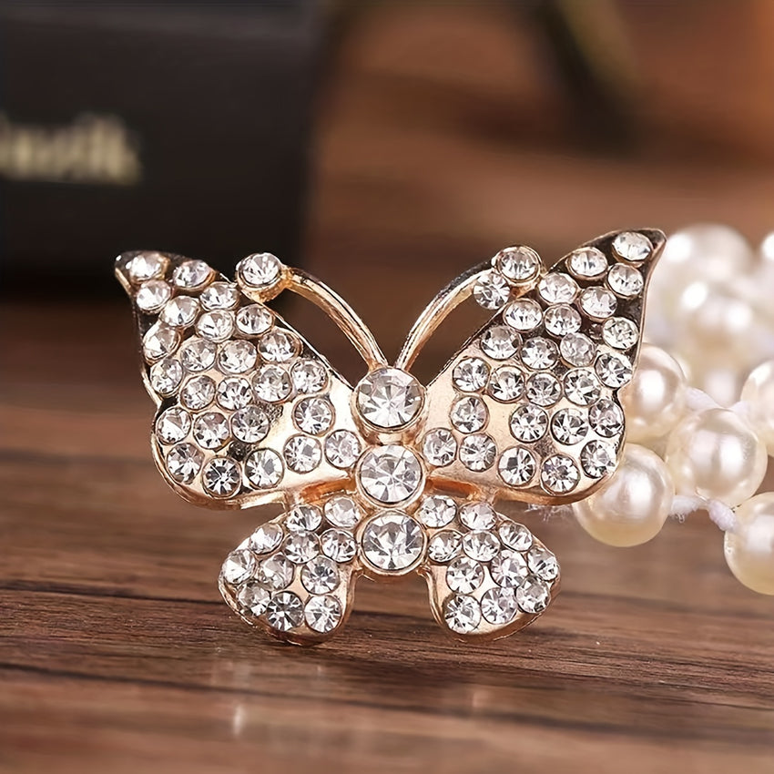 Elegant Butterfly Buckle Belt with Faux Pearls and Rhinestones - Elastic Waistband for Dresses and Girdles