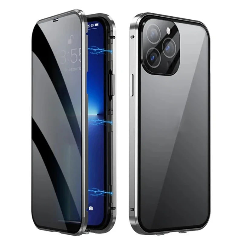 Metal Magnetic Anti Peeping Privacy Case For iPhone 17 16e 15 14 13 12Pro Max Magsafe Case 360 Protection Shockproof Phone Cover