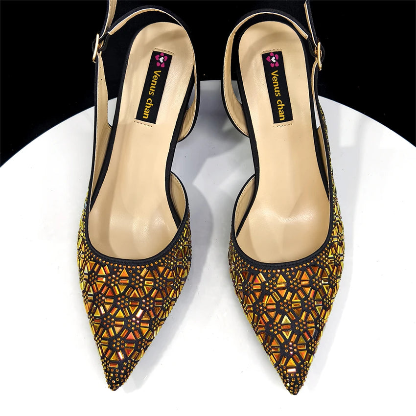 2026 New Elegant Green Pointed-Toe High Heels & Matching Bag Set with Diamond Design for Women's Party Wear - Italian Trend
