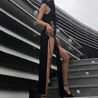 Goth Dark Cosplay High Split Sexy Bandage Women Dresses Y2K Mall Gothic Halter Slim Midi Dress Black Grunge Style Alt Partywear