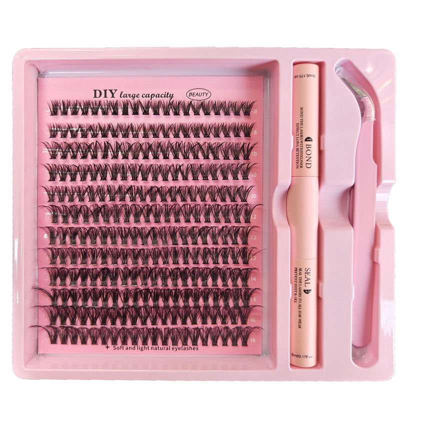 DIY Clusters Lash Kit Full Set 8-16mm Mix Bond&Seal Tweezers Lash for Self Application Makeup Individual Eyelash Extensions