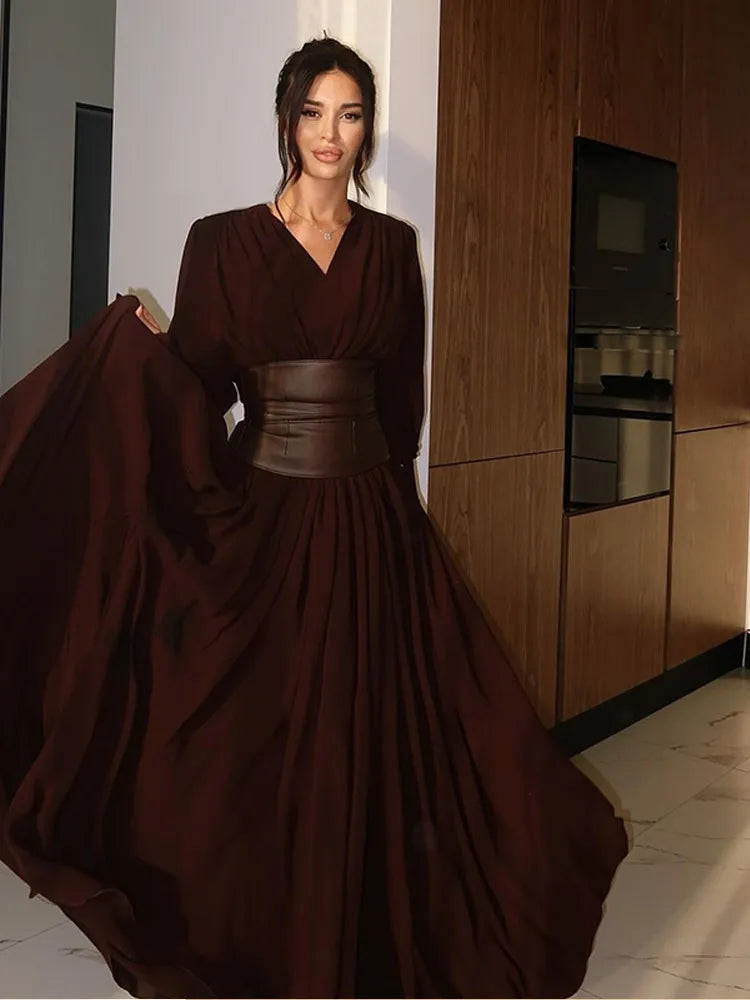 Elegant Retro Solid Color Women's Dresses Fashion V Neck Split Long Dresses Autumn New Women's Party Long Sleeved A-line Dress