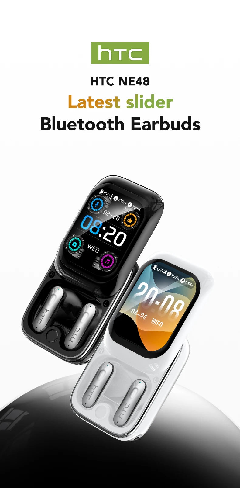 HTC NE48 TWS Wireless Earbuds AI Translation 2K HD Touchscreen Bluetooth 6.0 IPX5 ENC Noise Cancelling Sports Headphone