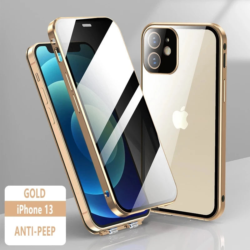 360°Full Protection Metal Magnetic Double-Sided Glass Snap Lock Anti Peeping Phone Case For iPhone 15 14 13 12 16 Pro Max Cover
