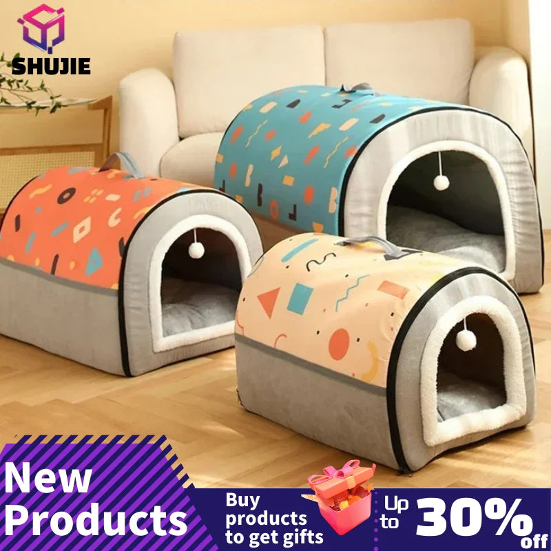 Warm Winter Cat Dog Bed Mat Deep Sleep Tent Cozy Geometric House Nest Removable Washable for Medium Large Dogs Pet Supplies