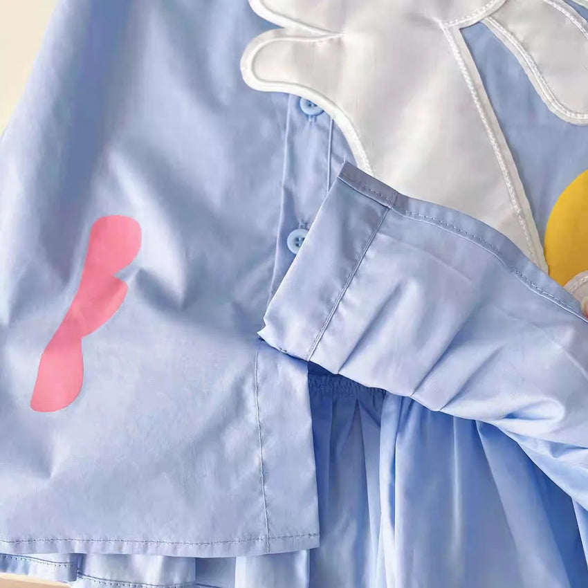 Girls' Dress Summer New Style Children's Dress Blue Sweet Shirt Dress for Little Girls Short-Sleeved Rabbit Cartoon Cute Dress