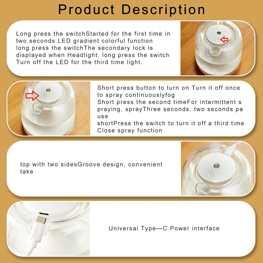 Mini humidifier colorful lamp small household spray aromatherapy machine, usb air humidifier for bedroom
