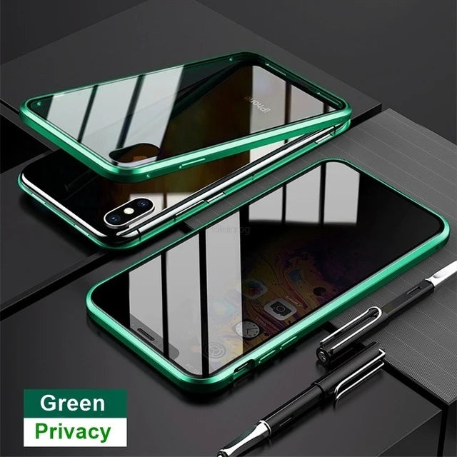Magnetic Tempered Glass Privacy Metal Case For iphone 17 16 15 14 13 12 XR 11 ProMAX 16 E 360 Magnet Antispy Protective Cover