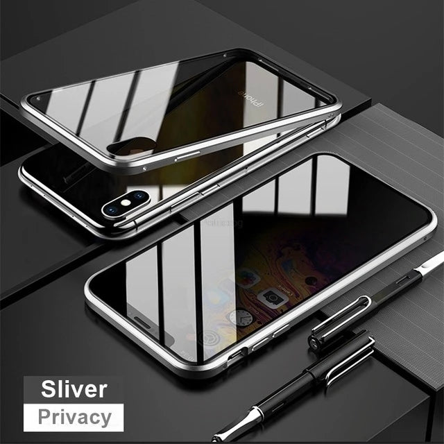 Magnetic Tempered Glass Privacy Metal Case For iphone 17 16 15 14 13 12 XR 11 ProMAX 16 E 360 Magnet Antispy Protective Cover