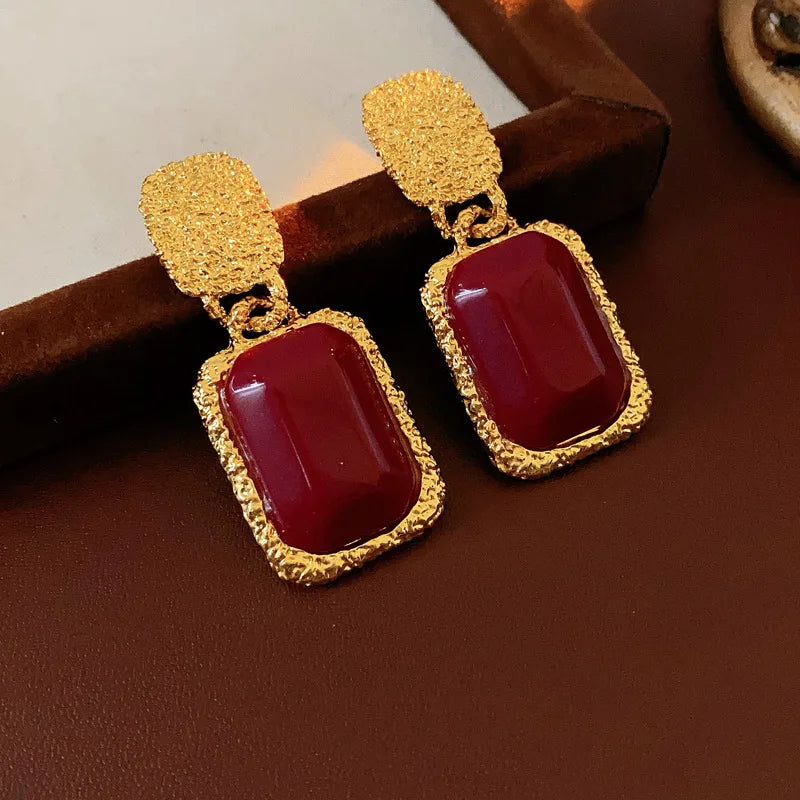 Vintage Red Resin Women's Earrings Stud Earrings Luxury large Geometric Oval earrings Party Wedding Ear Jewelry Wholesale