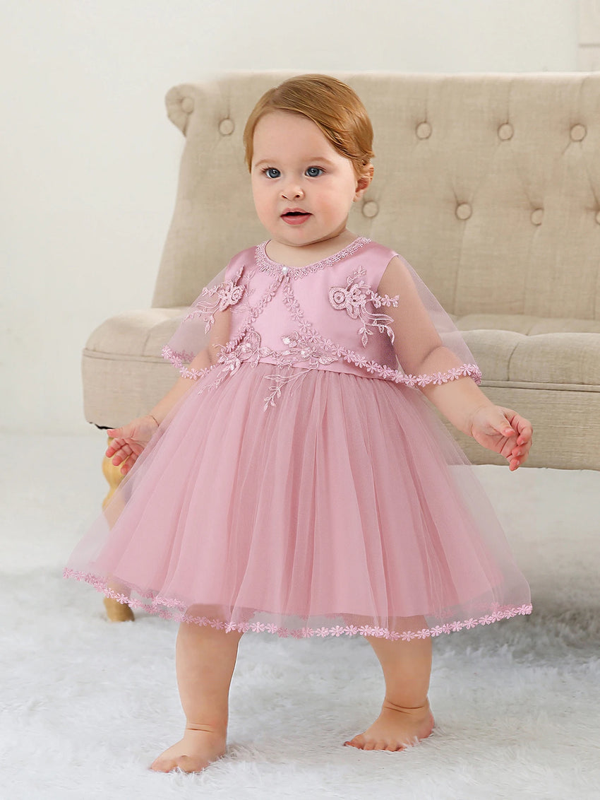 Sleeveless Hood Cloak Soft Satin Floral Embroidered Lace Wedding Party Princess Baby Dress Set