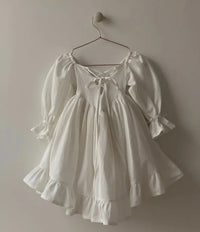 Kids Puff Sleeve White Dress Girls Cotton Linen Lolita Princess Dresses for Birthday Evening Party Clothes 2 4 6 8 Years Old