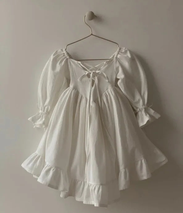 Kids Puff Sleeve White Dress Girls Cotton Linen Lolita Princess Dresses for Birthday Evening Party Clothes 2 4 6 8 Years Old