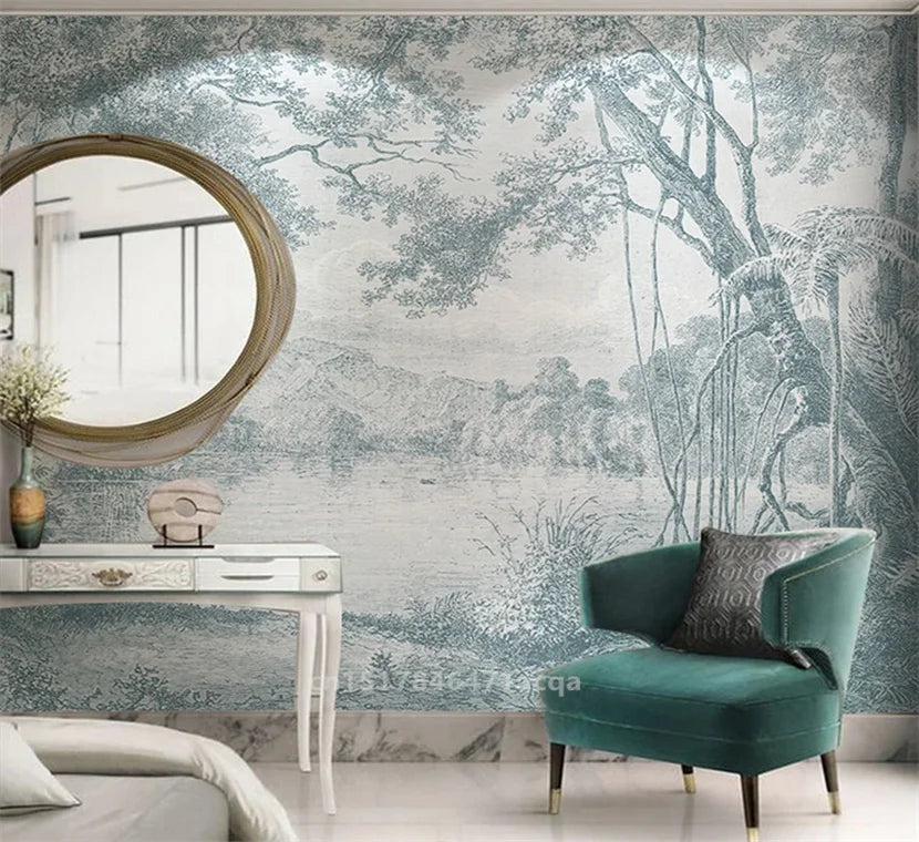 Custom Size wall papers 3D Nordic art black and white landscape waterfall porch mural Retro Hand Painted Forest Tree home decor