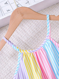 Girls' Summer Colorful Striped Ruffle Hem Dress Children's Summer Vacation Beach Play Suspender Dress