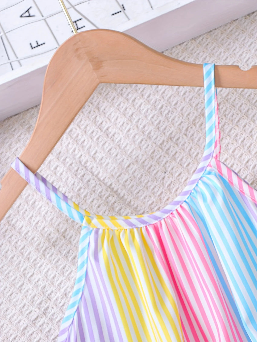 Girls' Summer Colorful Striped Ruffle Hem Dress Children's Summer Vacation Beach Play Suspender Dress