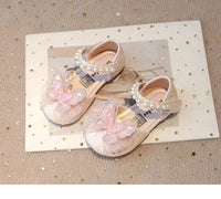 Chic Girls Dress Shoes for Wedding Party Bling Sequins with Rhinestone Butterfly Sweet Princess Chic Kids Flat Shoes Lace Beaded