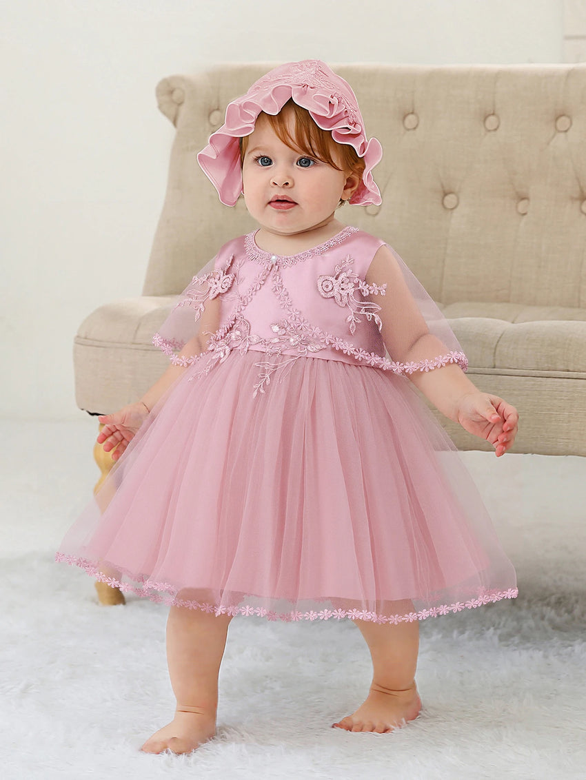 Sleeveless Hood Cloak Soft Satin Floral Embroidered Lace Wedding Party Princess Baby Dress Set
