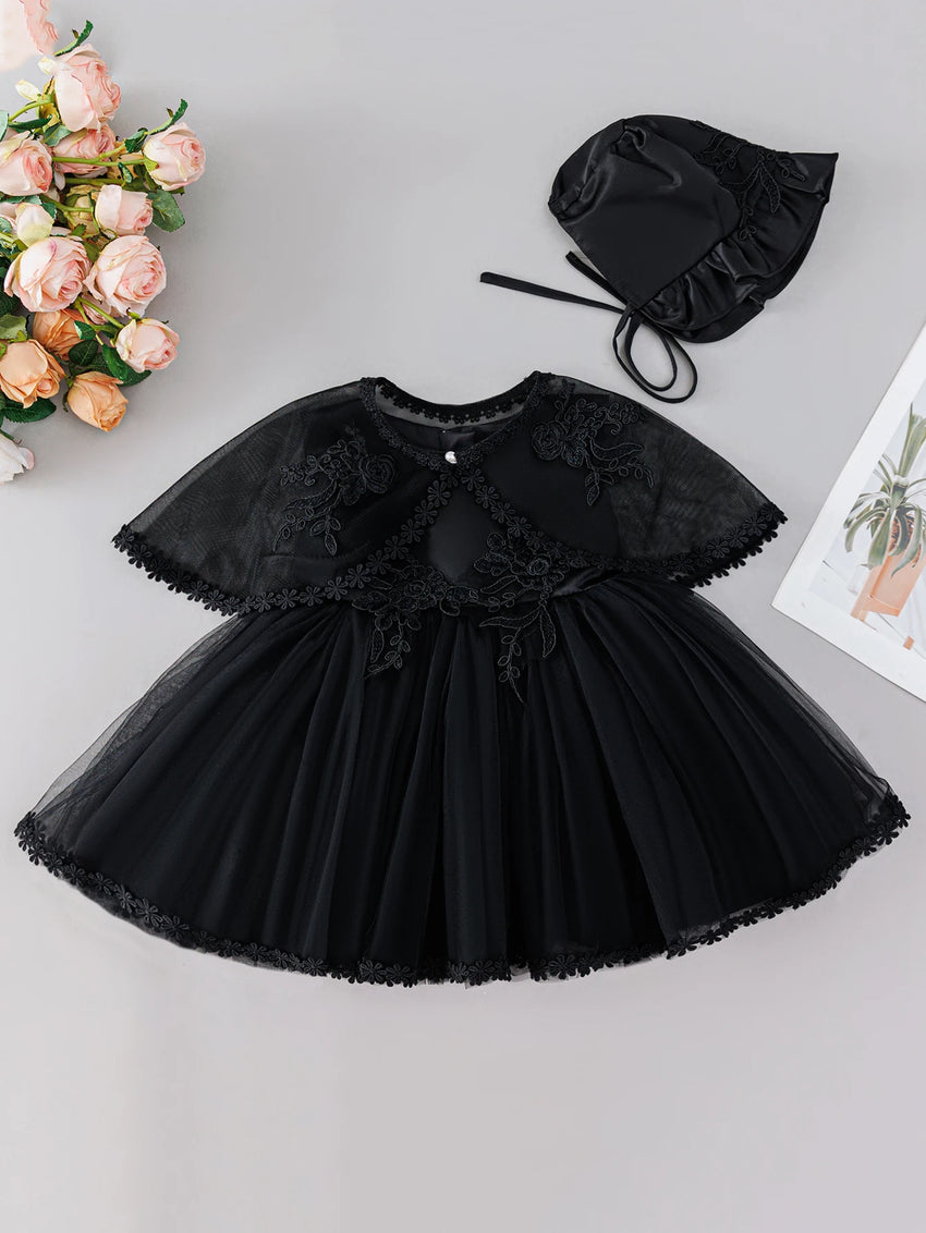 Sleeveless Hood Cloak Soft Satin Floral Embroidered Lace Wedding Party Princess Baby Dress Set