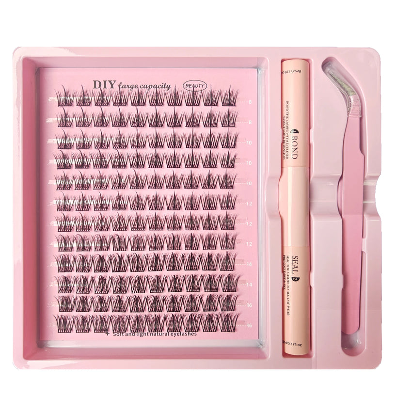 DIY Clusters Lash Kit Full Set 8-16mm Mix Bond&Seal Tweezers Lash for Self Application Makeup Individual Eyelash Extensions