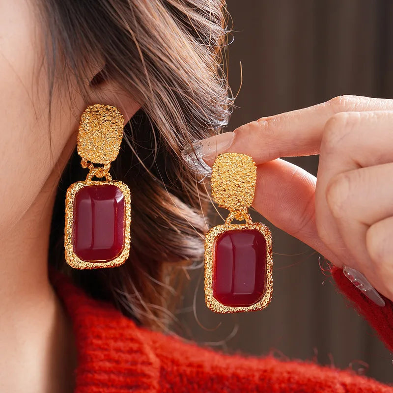 Vintage Red Resin Women's Earrings Stud Earrings Luxury large Geometric Oval earrings Party Wedding Ear Jewelry Wholesale