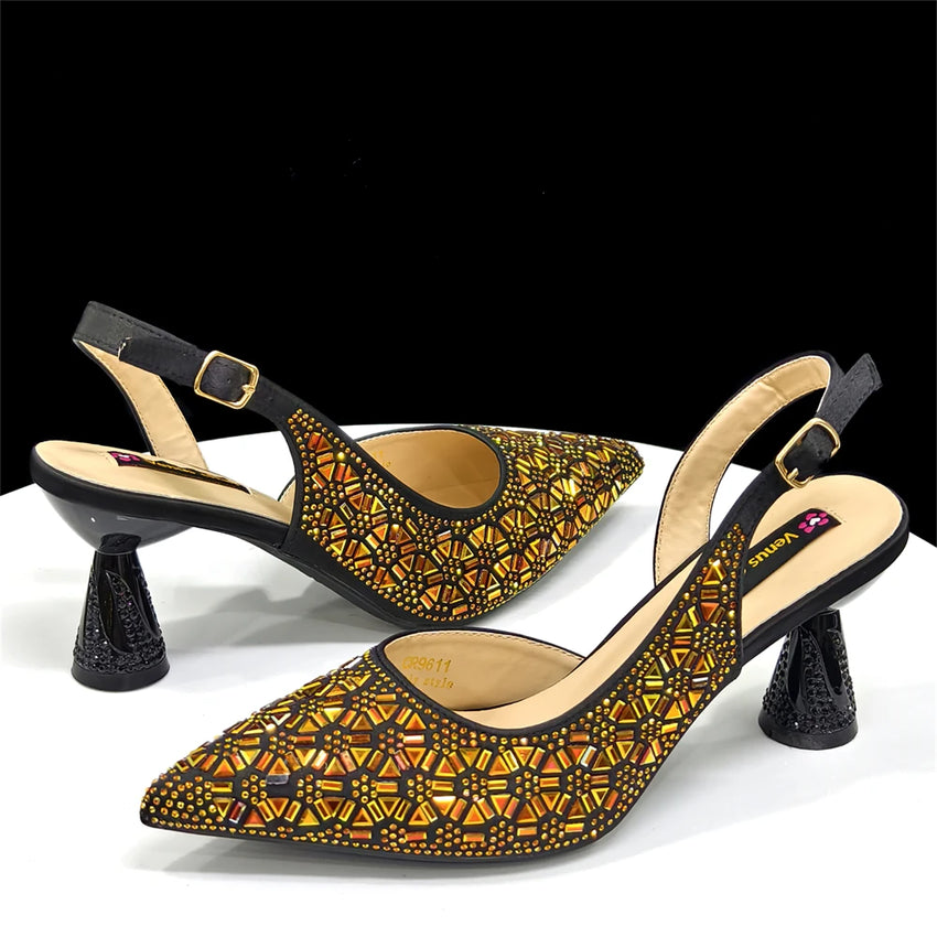 2026 New Elegant Green Pointed-Toe High Heels & Matching Bag Set with Diamond Design for Women's Party Wear - Italian Trend