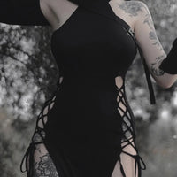 Goth Dark Cosplay High Split Sexy Bandage Women Dresses Y2K Mall Gothic Halter Slim Midi Dress Black Grunge Style Alt Partywear