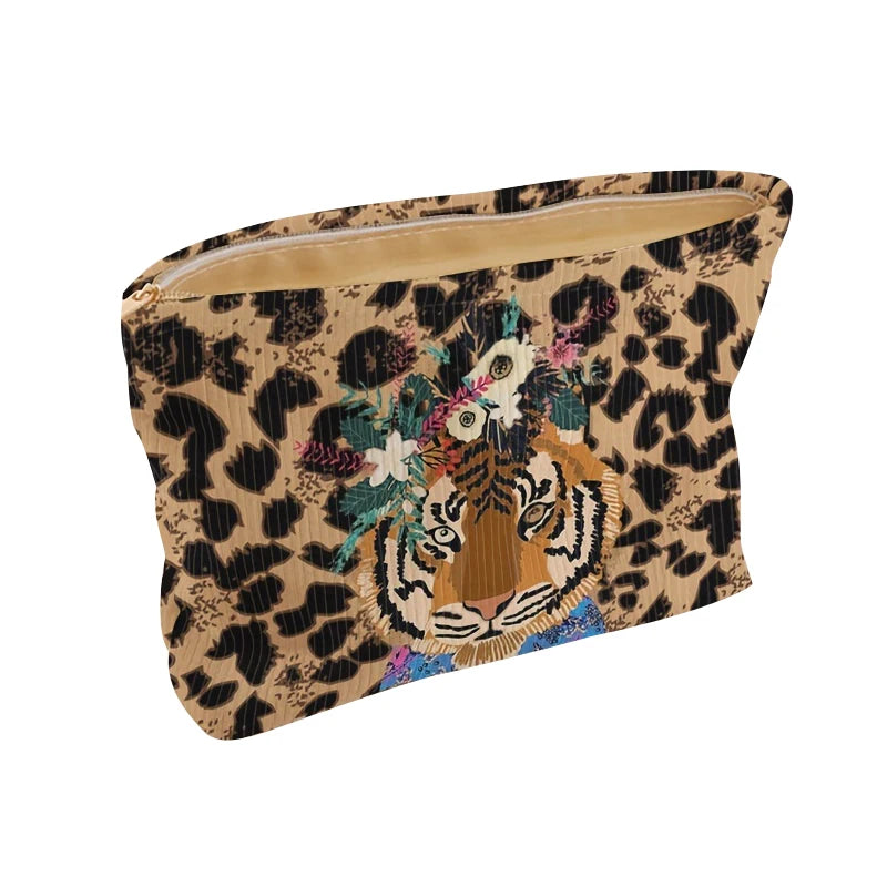 Fashionable tiger leopard print corduroy makeup bag with zipper, lightweight multifunctional cosmetic storage bag with lining