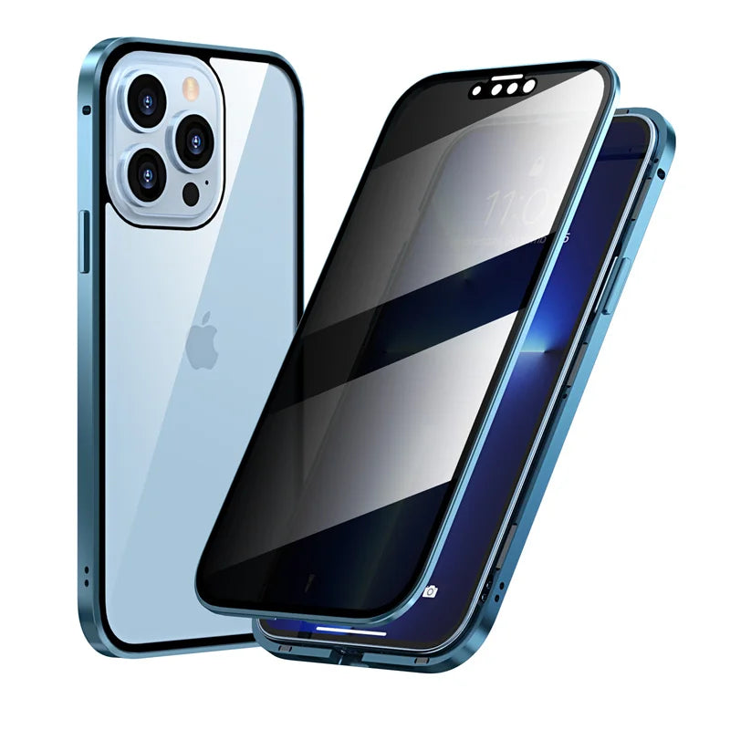 Magnetic Tempered Glass Privacy Metal Case For iphone 17 16 15 14 13 12 XR 11 ProMAX 16 E 360 Magnet Antispy Protective Cover