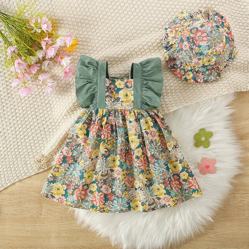 Baby Girl Dress Summer Cotton Floral Girls Dress Cute Little Fly Sleeve Baby Dresses Baby Clothes Girl with Hat