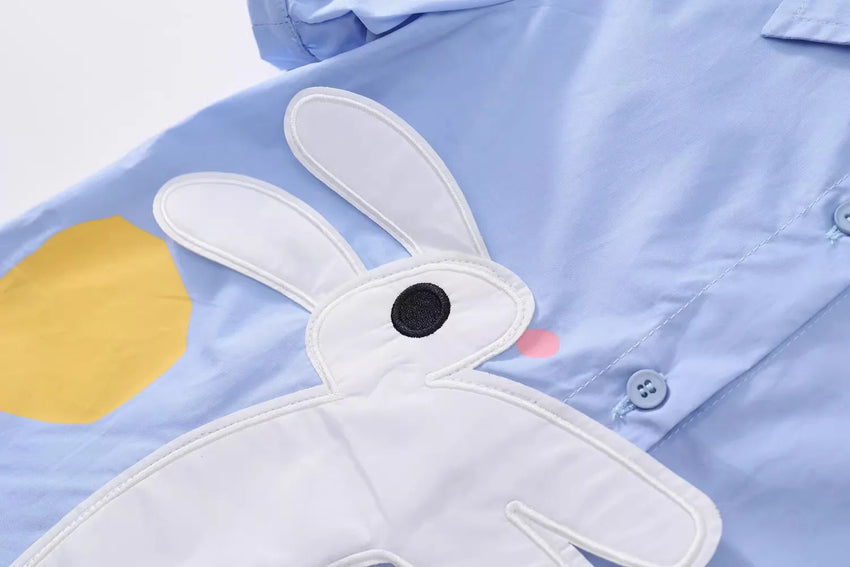 Girls' Dress Summer New Style Children's Dress Blue Sweet Shirt Dress for Little Girls Short-Sleeved Rabbit Cartoon Cute Dress