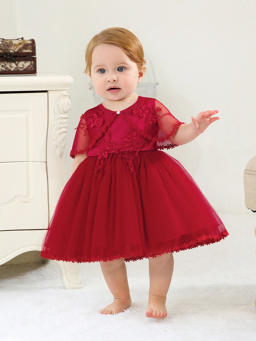 Sleeveless Hood Cloak Soft Satin Floral Embroidered Lace Wedding Party Princess Baby Dress Set