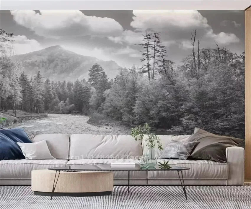 Custom Size wall papers 3D Nordic art black and white landscape waterfall porch mural Retro Hand Painted Forest Tree home decor