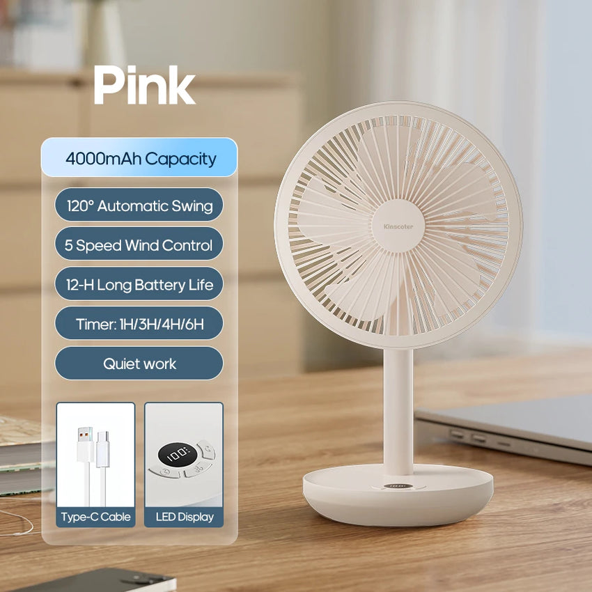 New Portable Smart Oscillating Desk Fan 4000mAh 5 Gear Speed Silent Desktop Rechargeable Fan Angle Adjustable for Home Office