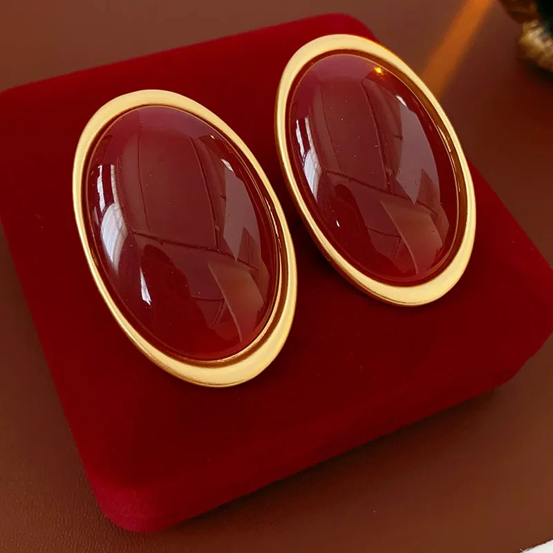 Vintage Red Resin Women's Earrings Stud Earrings Luxury large Geometric Oval earrings Party Wedding Ear Jewelry Wholesale