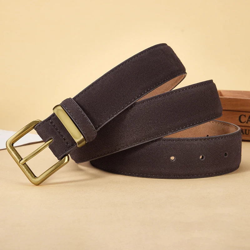 Luxury Suede Cowhide Leather Belt for Women, Vintage Style with Gold Buckle, 3.5cm Wide Waistband for Dresses & Jeans 2042