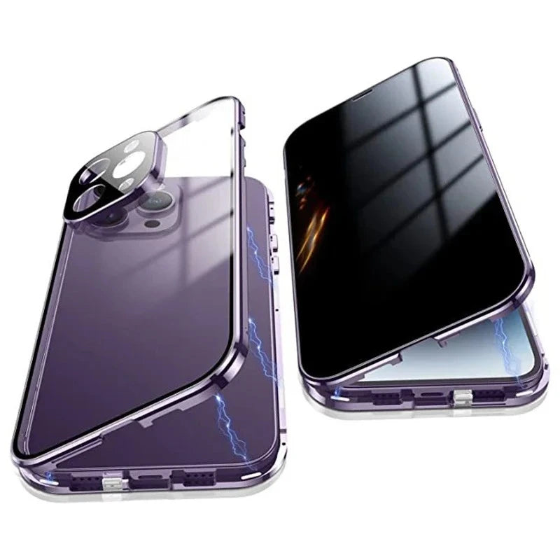 360 ° Full Protection Metal Magnetic Double-Sided Glass Snap Lock Privacy Case For iPhone 17 16 15 14 Plus 13 12 11 Pro Max 16E